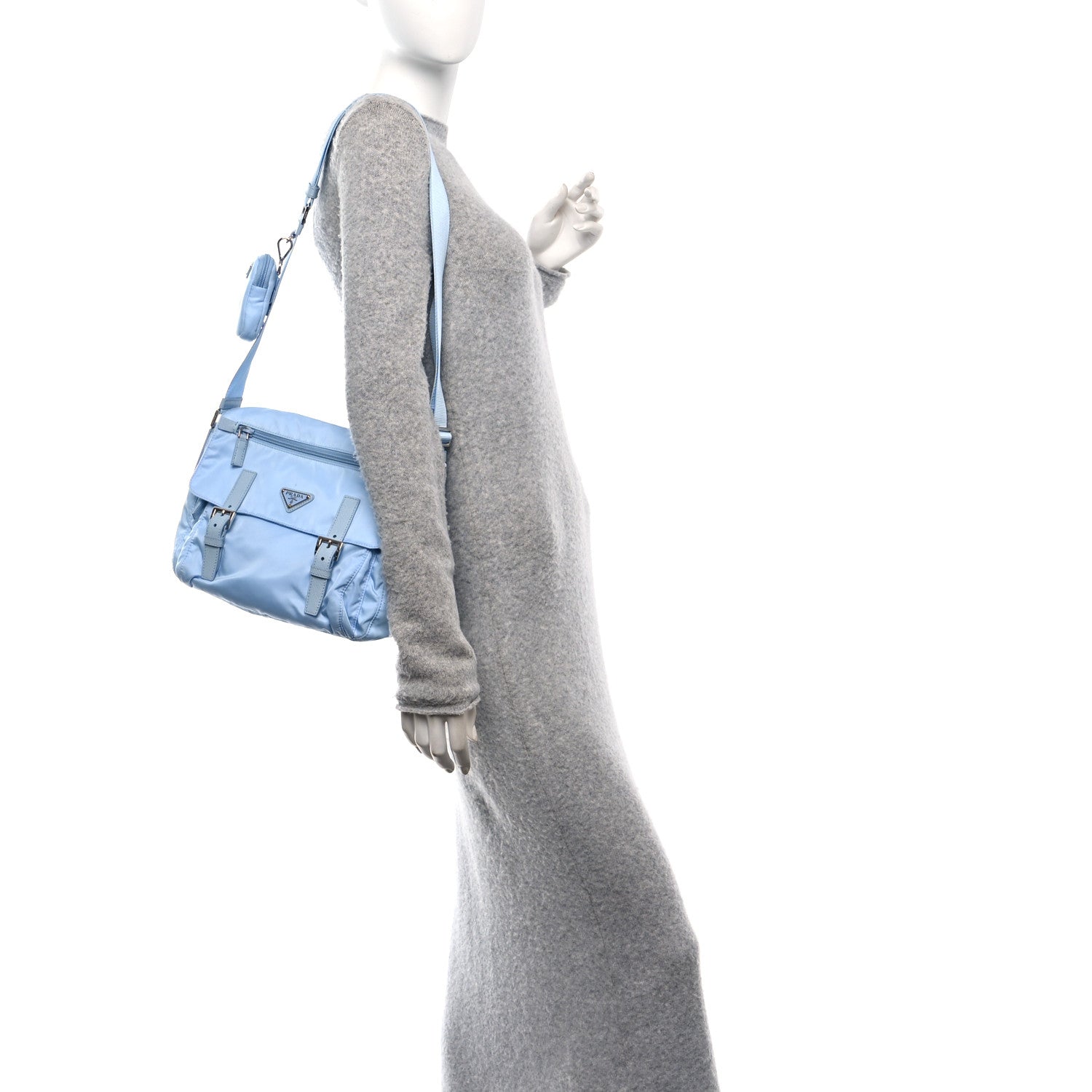 Prada Re-Nylon Vela Saffiano Pocket Double Buckle Messenger Shoulder Bag Celeste