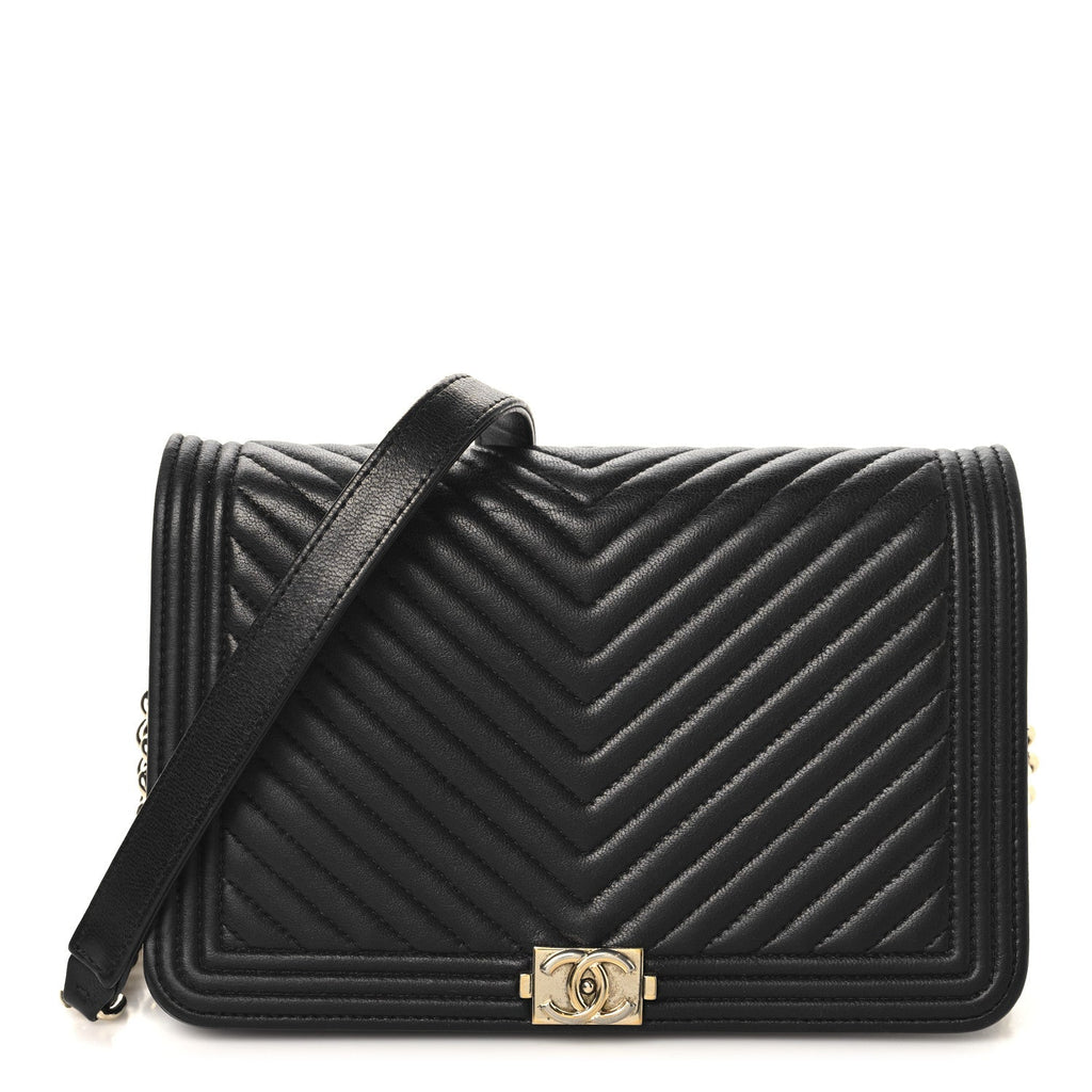 Chanel Lambskin Chevron Boy Wallet On Chain WOC Black