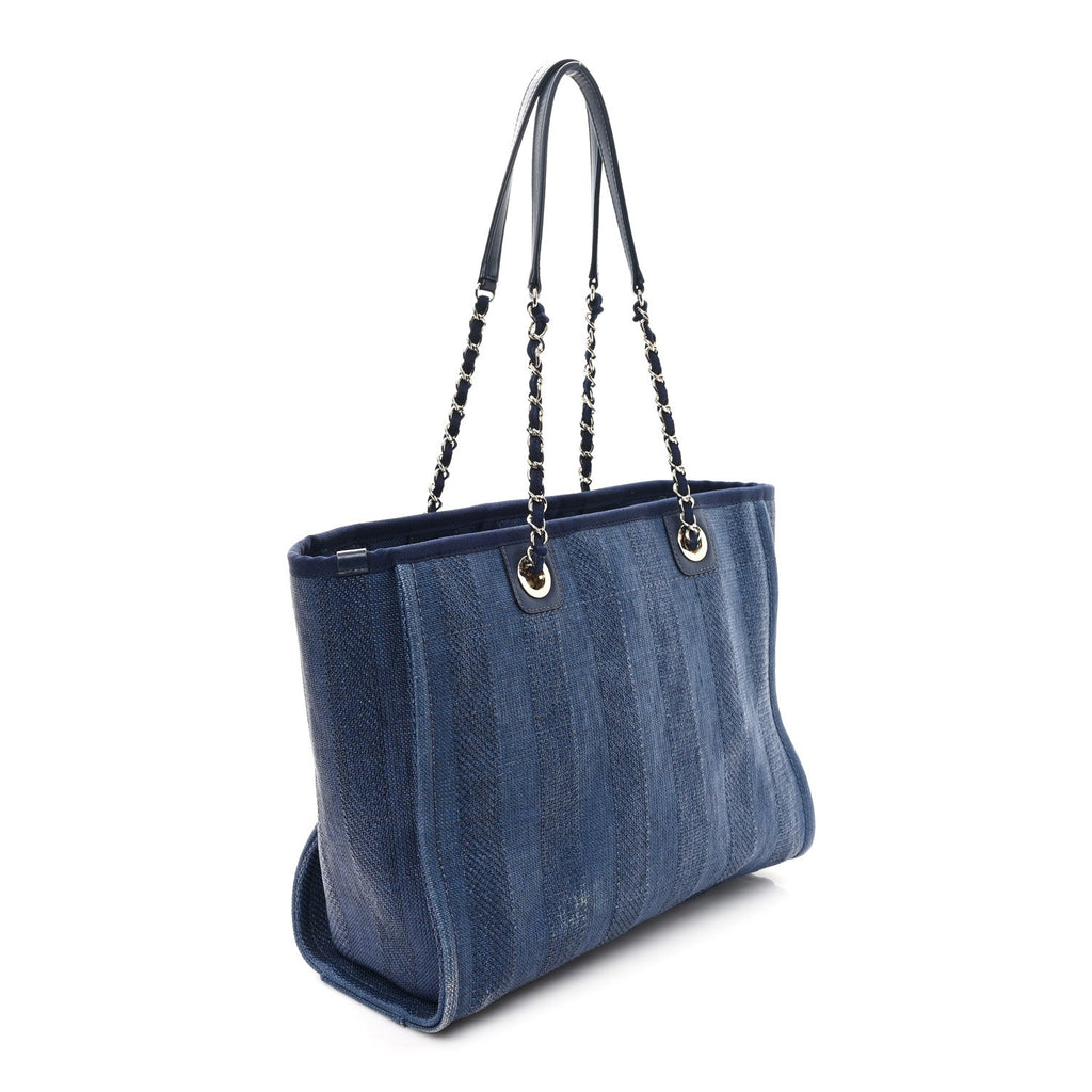 Chanel Mixed Fibers Striped Small Deauville Tote Navy Blue