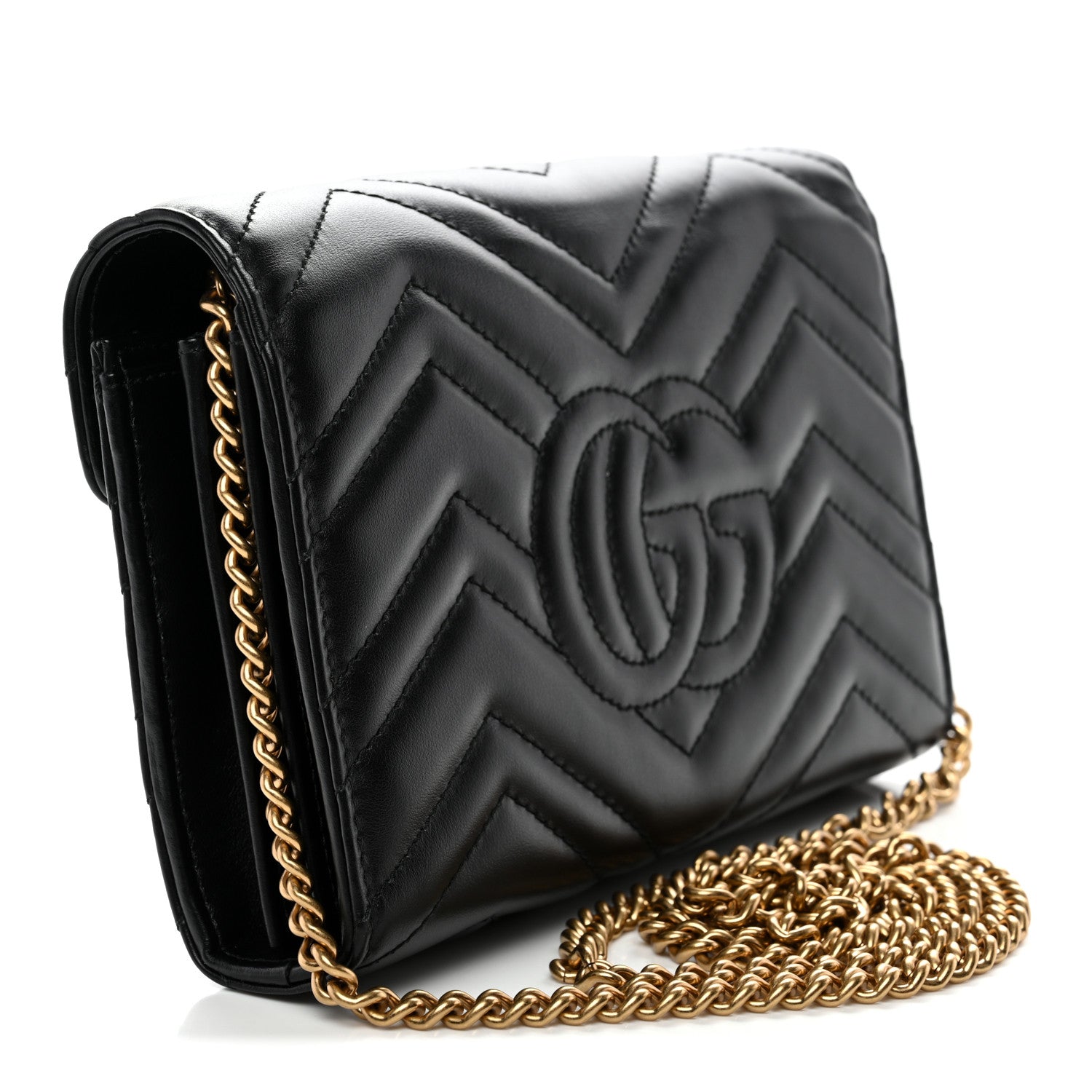 Gucci Calfskin Matelasse GG Marmont Chain Wallet Black
