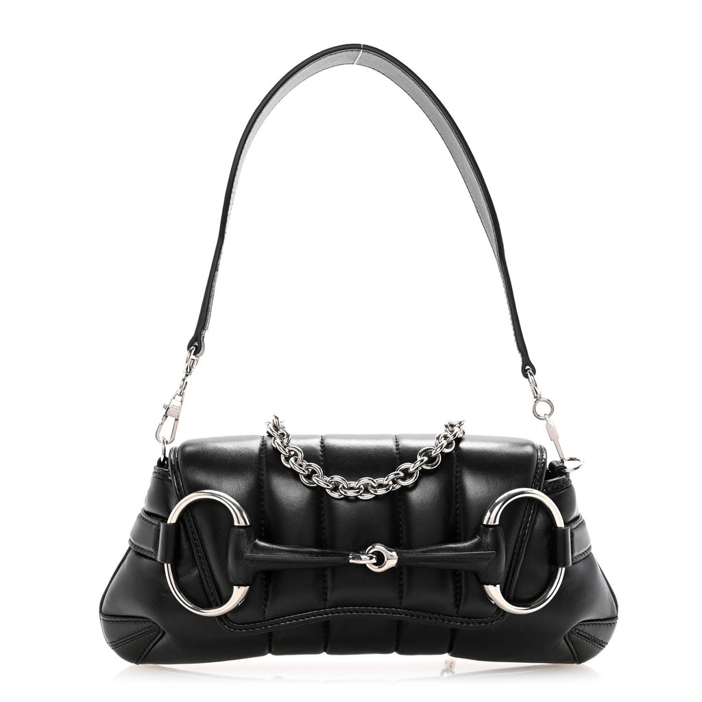 Gucci Nappa Vertical Matelasse Small Maxi Horsebit Chain Shoulder Bag Black