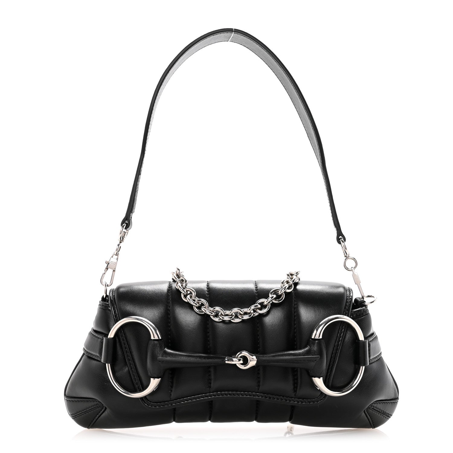 Gucci Nappa Vertical Matelasse Small Maxi Horsebit Chain Shoulder Bag Black