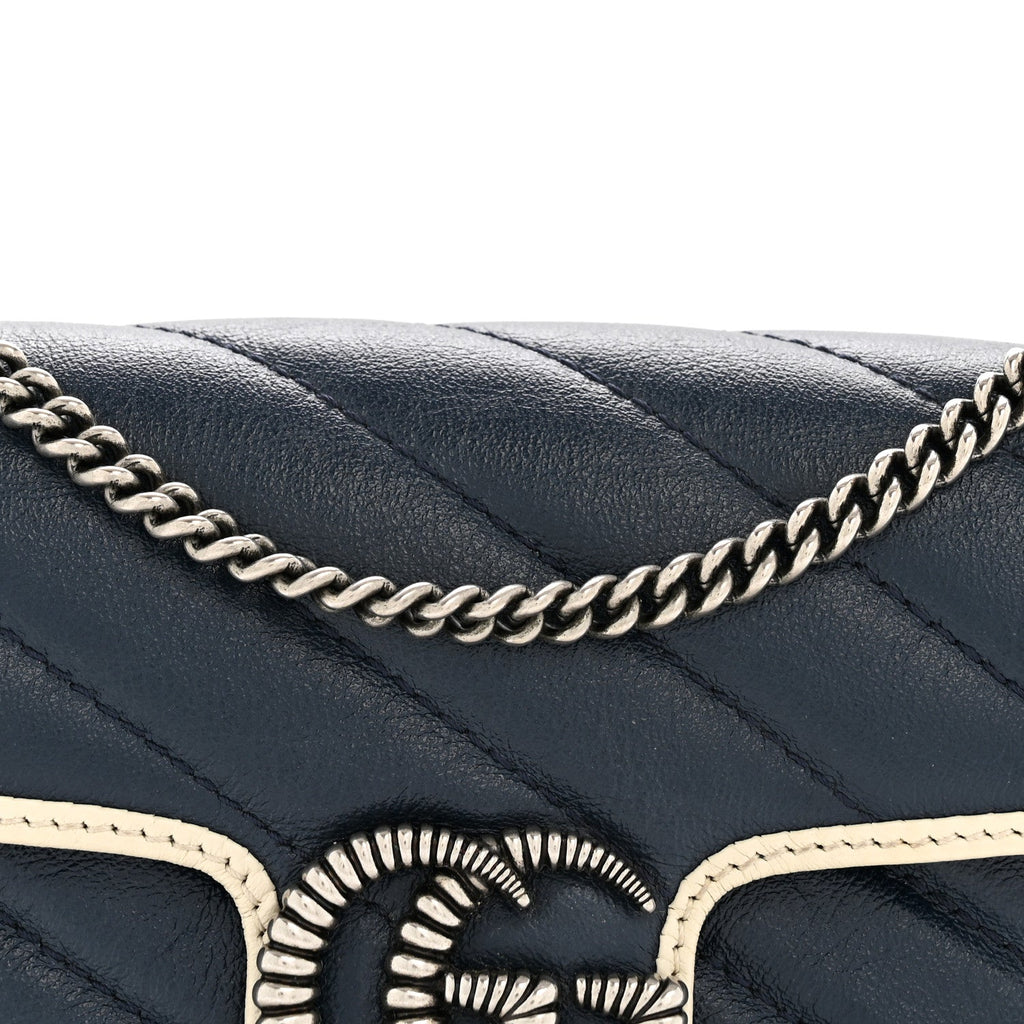 Gucci Vintage Effect Calfskin Matelasse Diagonal Super Mini Torchon GG Marmont Shoulder Bag Blue Agata Mystic White