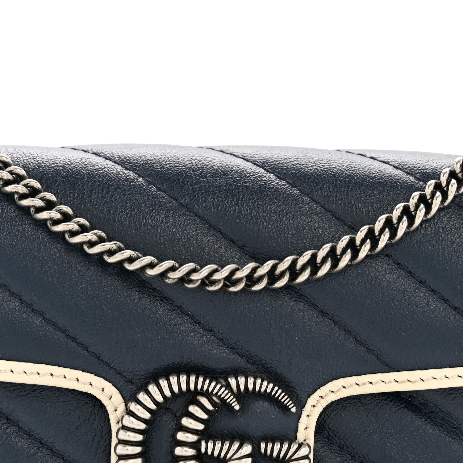 Gucci Vintage Effect Calfskin Matelasse Diagonal Super Mini Torchon GG Marmont Shoulder Bag Blue Agata Mystic White
