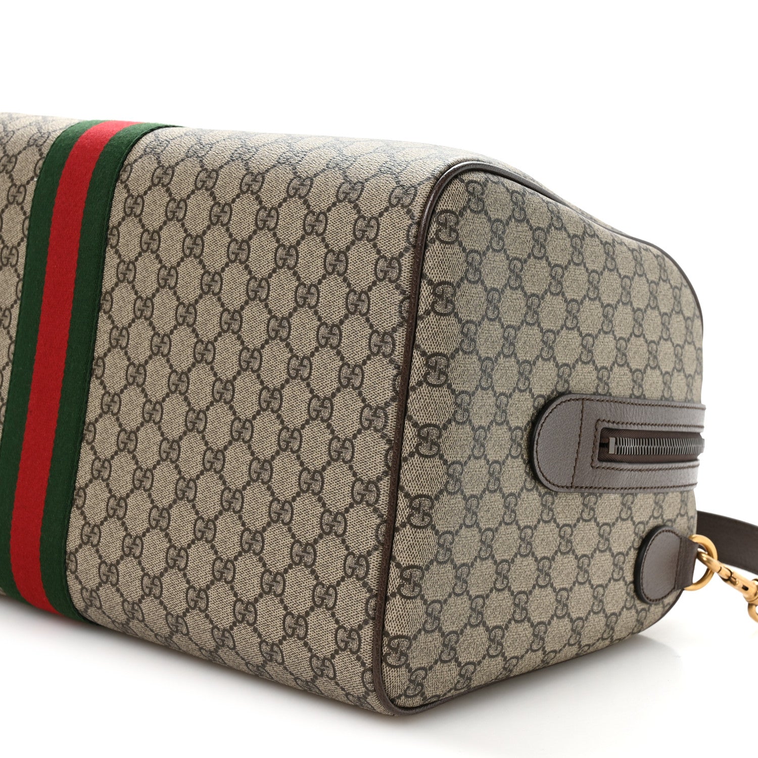 Gucci GG Supreme Monogram Textured Dollar Calfskin Web Medium Savoy Duffle Bag Beige Dark Brown