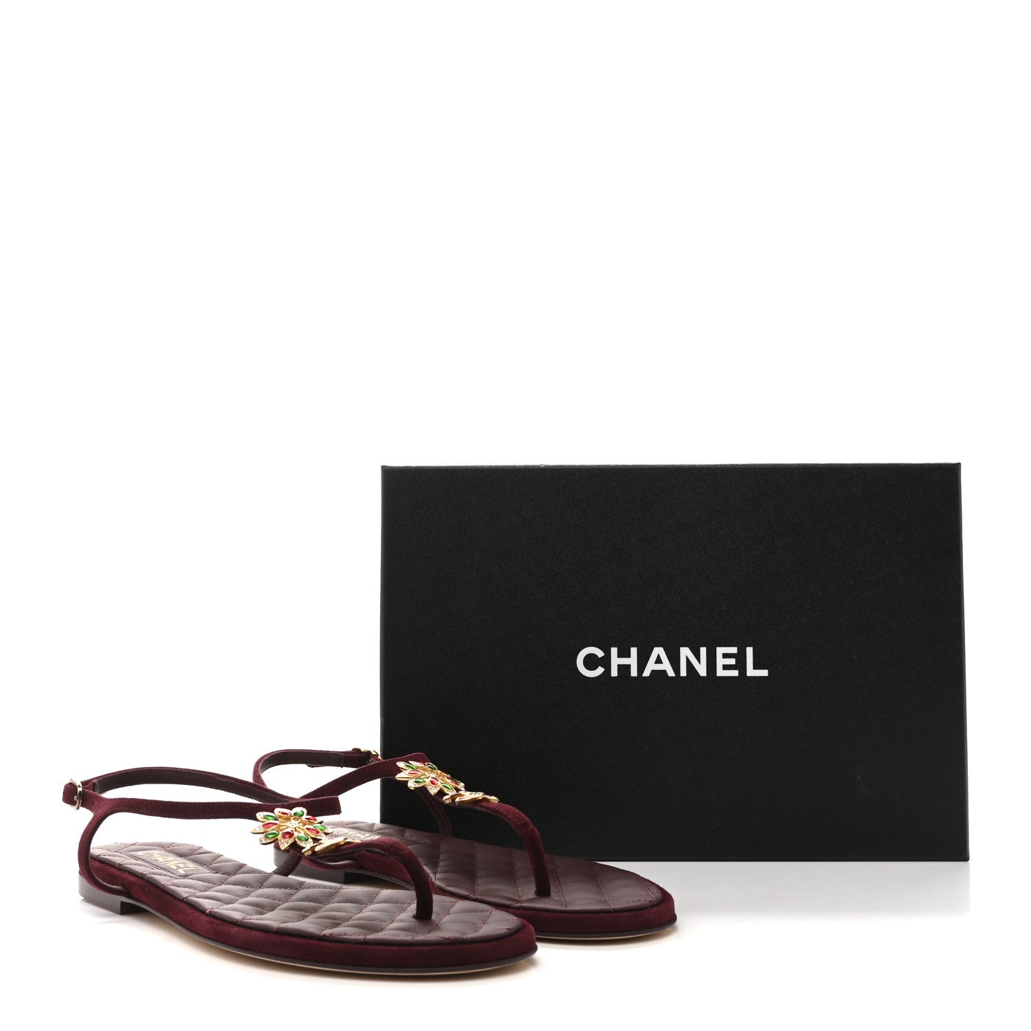 Chanel Suede Calfskin CC Crystal Thong Sandals 40.5 Burgundy