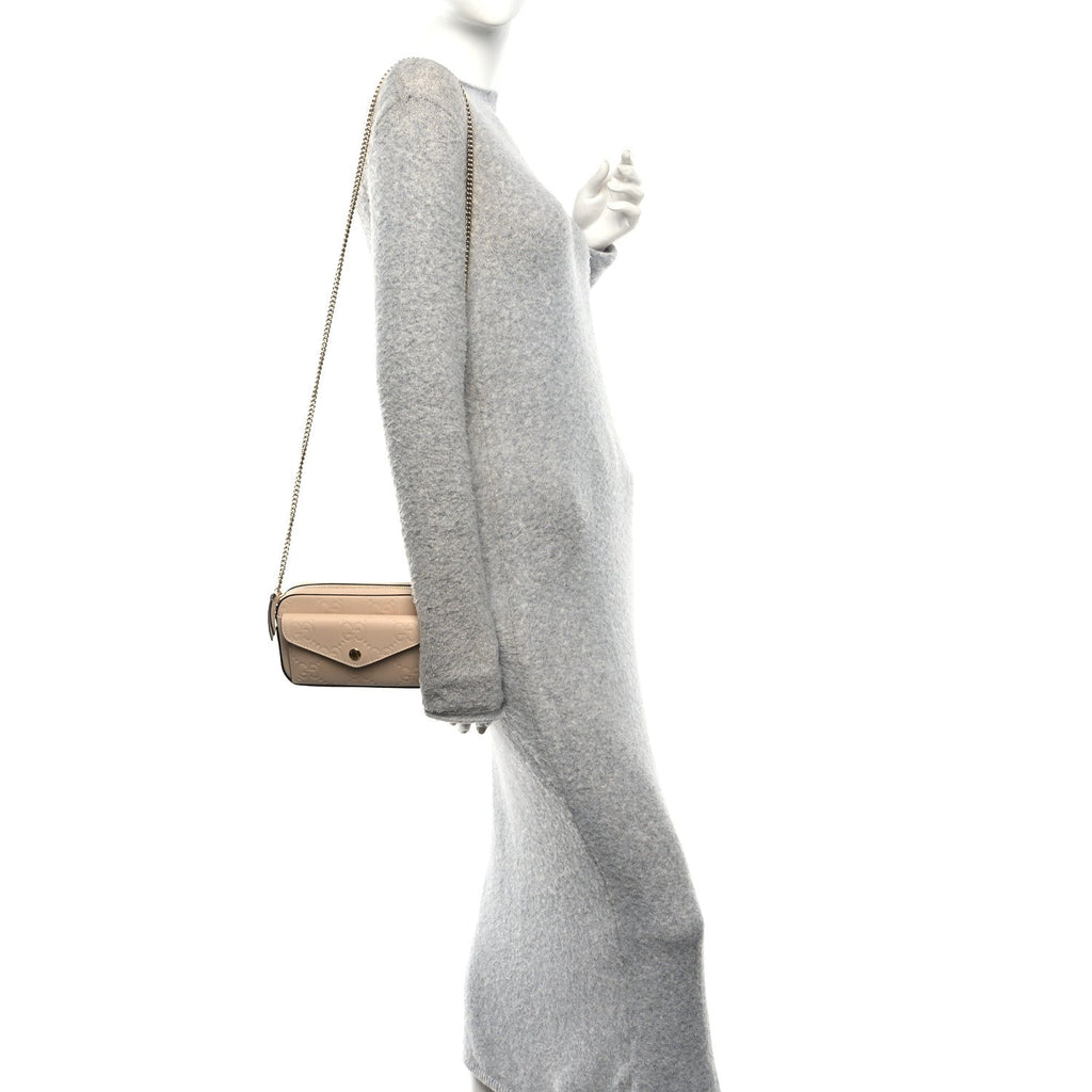Gucci Calfskin GG Super Mini Debossed Chain Wallet Light Beige