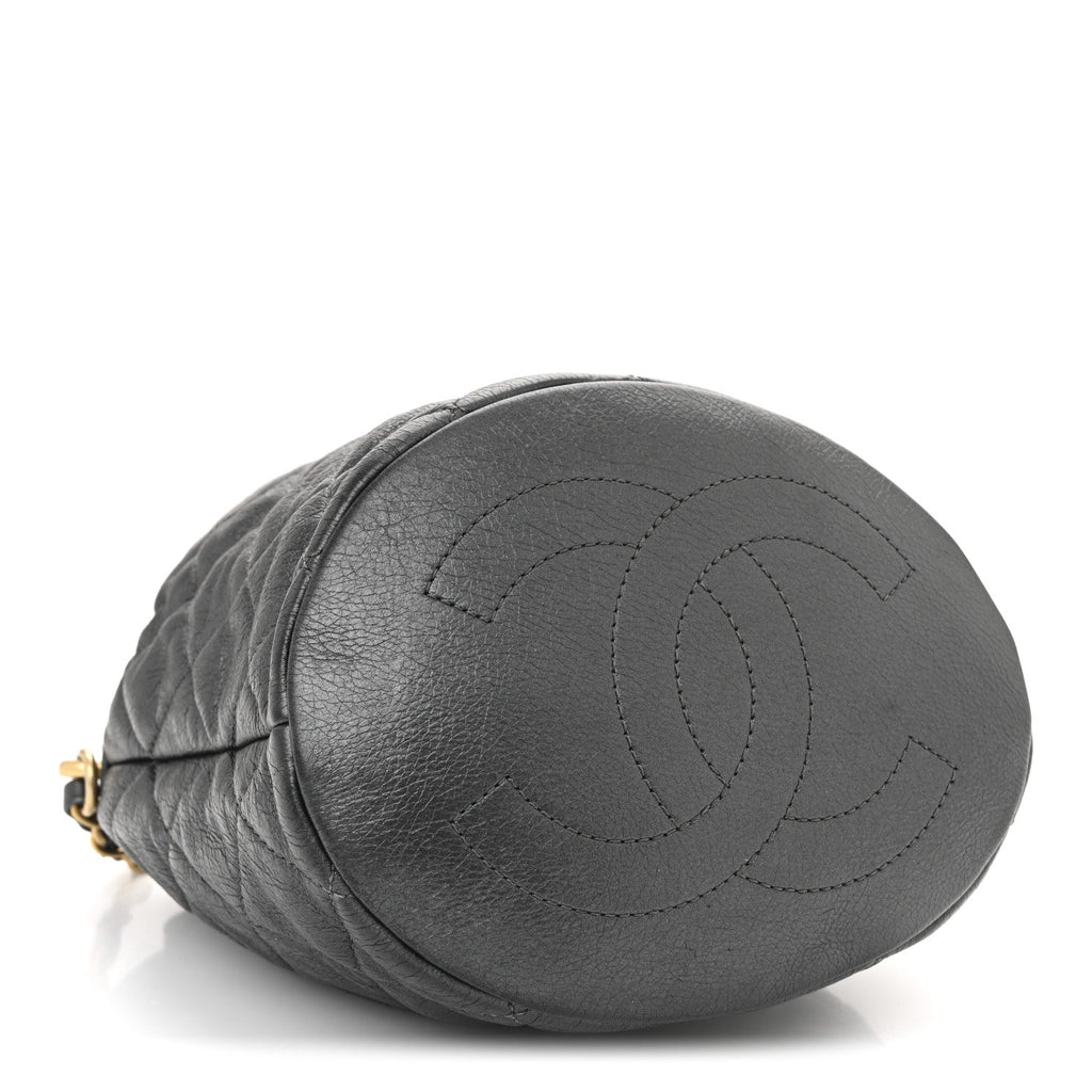 Chanel Metallic Lambskin Quilted Pearl Crown Drawstring Bag Anthracite