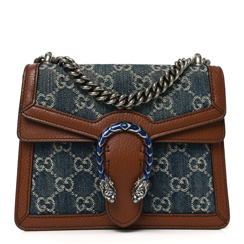 Gucci New Denim GG Monogram Dollar Calfskin Enamel Mini Dionysus Shoulder Bag Blue Tea Cuir Epilog Electric Blue