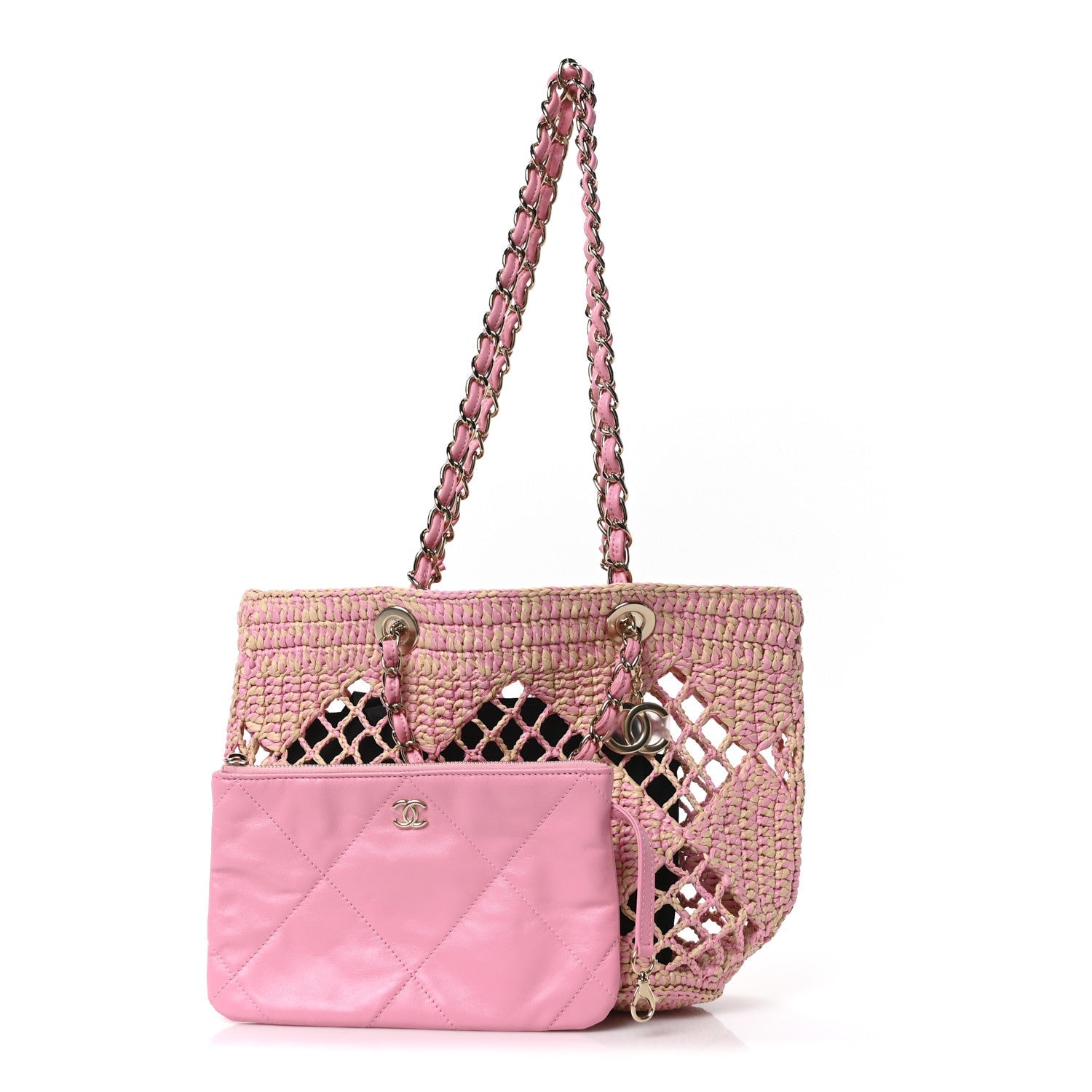 Chanel Raffia Effect Braided Small Shopping Bag Beige Pink
