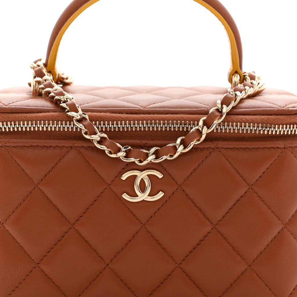Chanel Lambskin Quilted Small Top Handle Vanity Case With Chain Light Brown Yellow