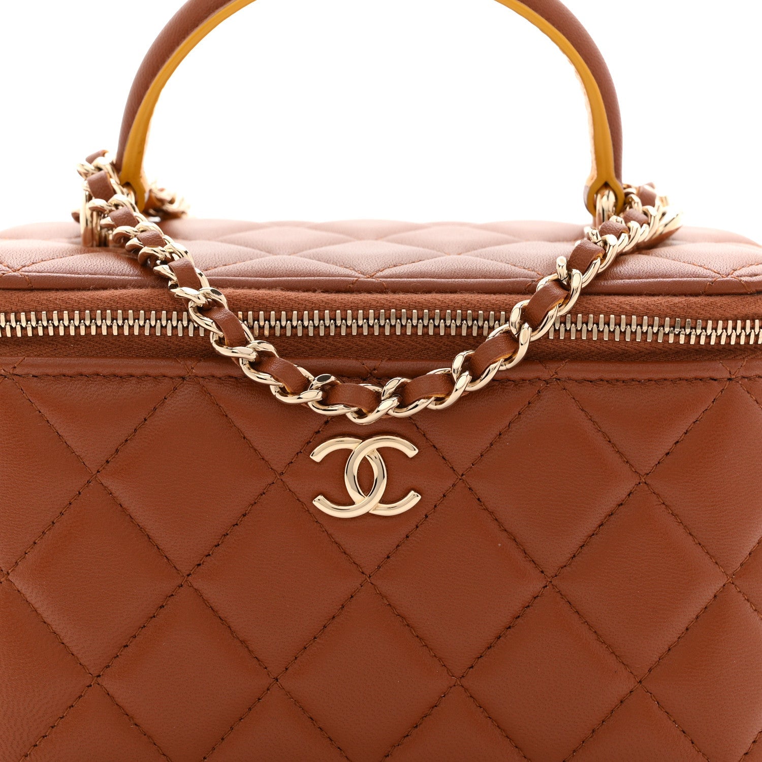 Chanel Lambskin Quilted Small Top Handle Vanity Case With Chain Light Brown Yellow