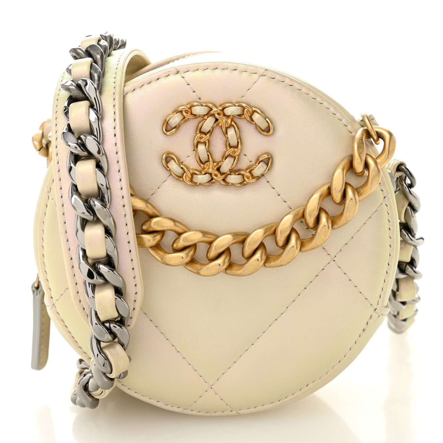 Chanel Iridescent Calfskin Quilted Chanel 19 Round Clutch With Chain White