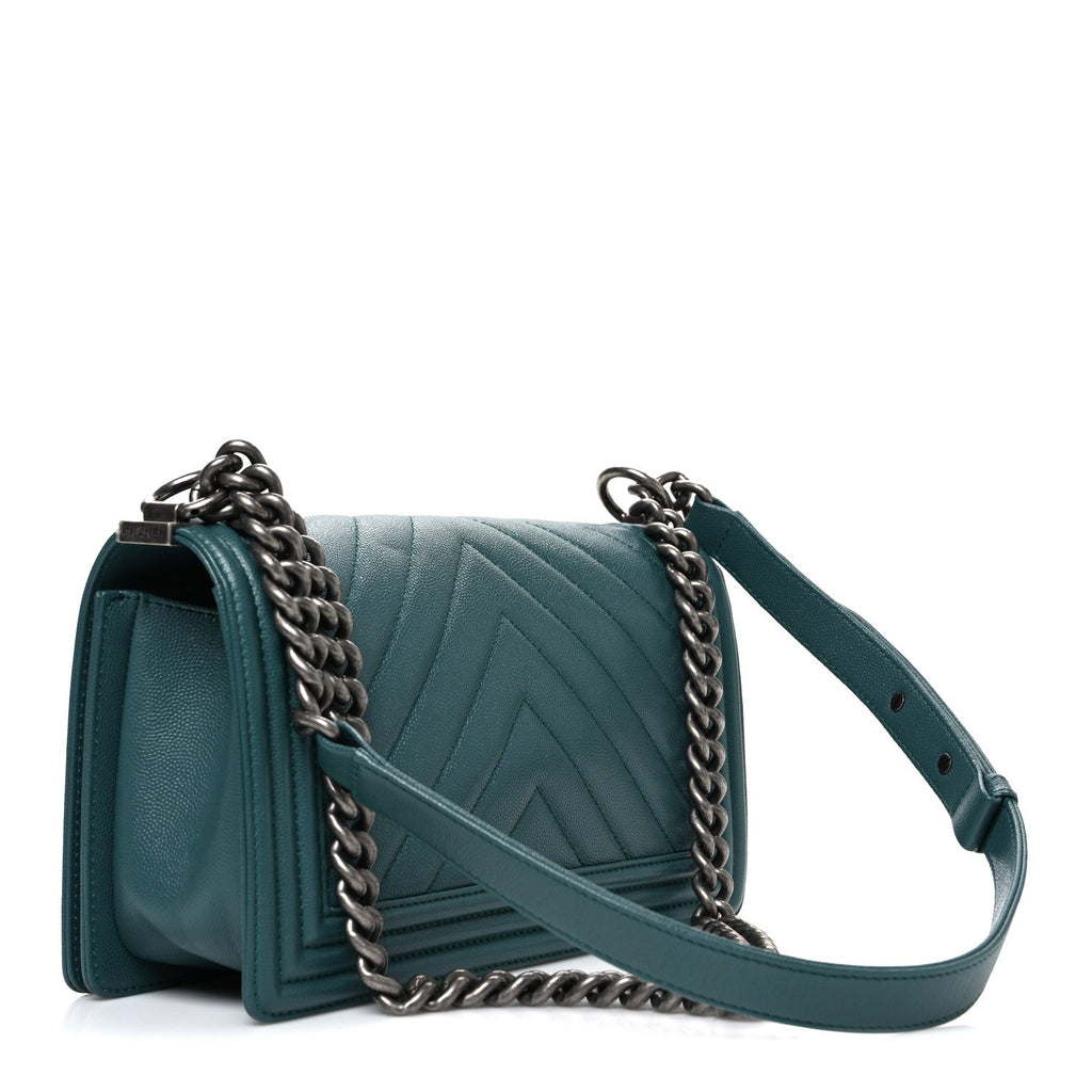 Chanel Caviar Chevron Quilted Medium Boy Flap Green