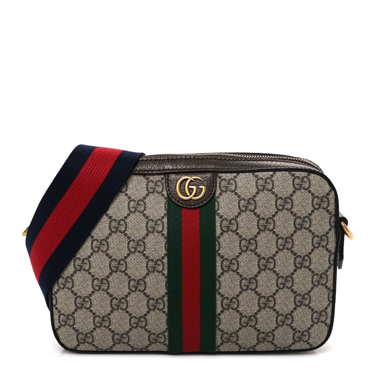 Gucci GG Supreme Monogram Textured Dollar Calfskin Web Ophidia Wristlet Shoulder Bag Beige Ebony New Acero