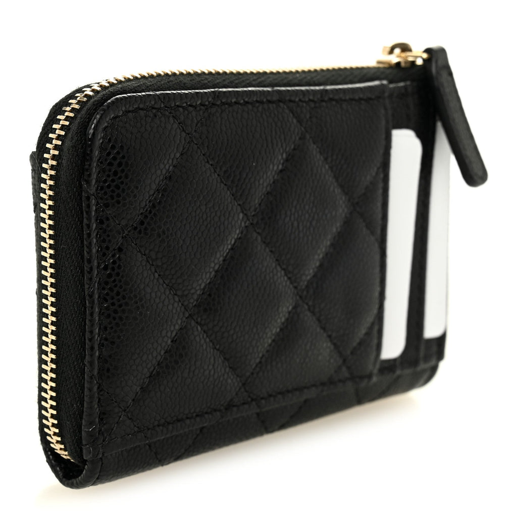 Caviar Quilted Flap Zip Card Holder Black
