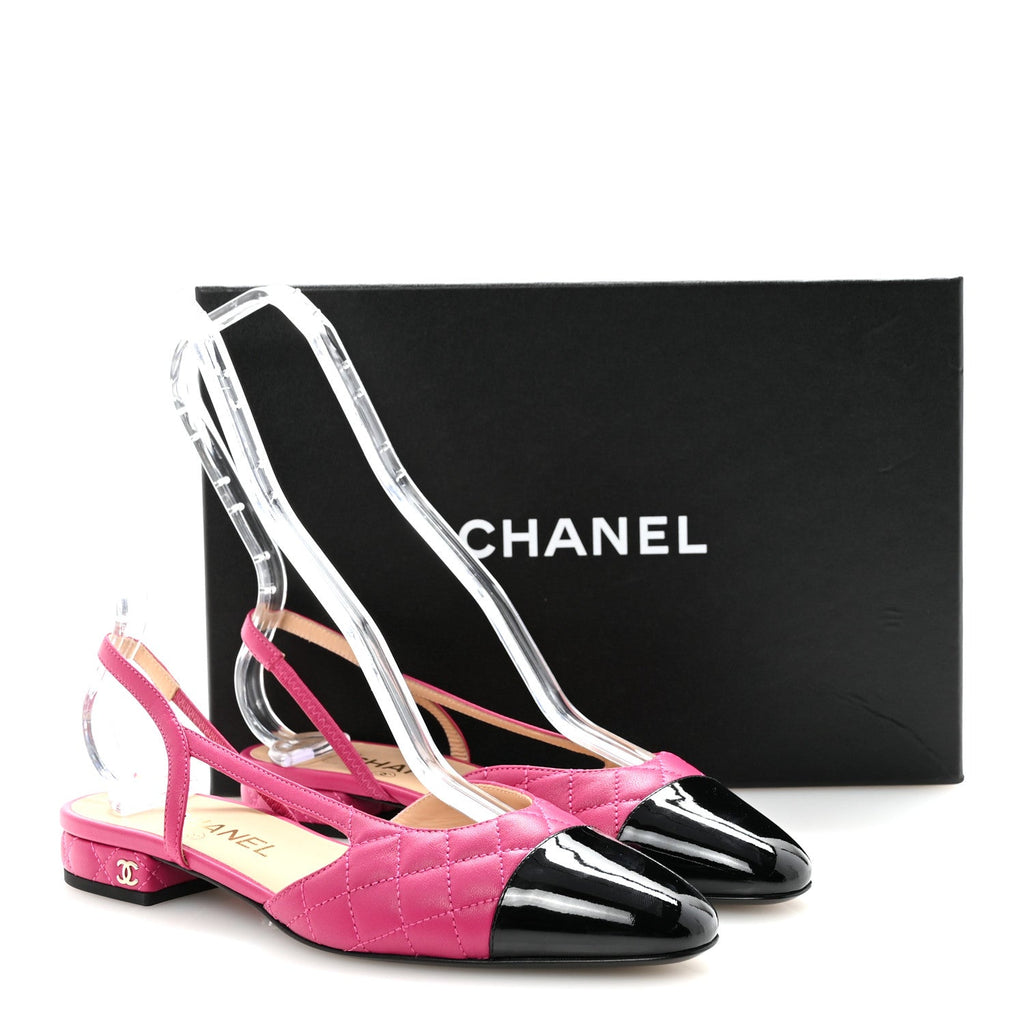 Lambskin Patent Cap Toe CC Slingback Flats 37.5 Fuchsia Black