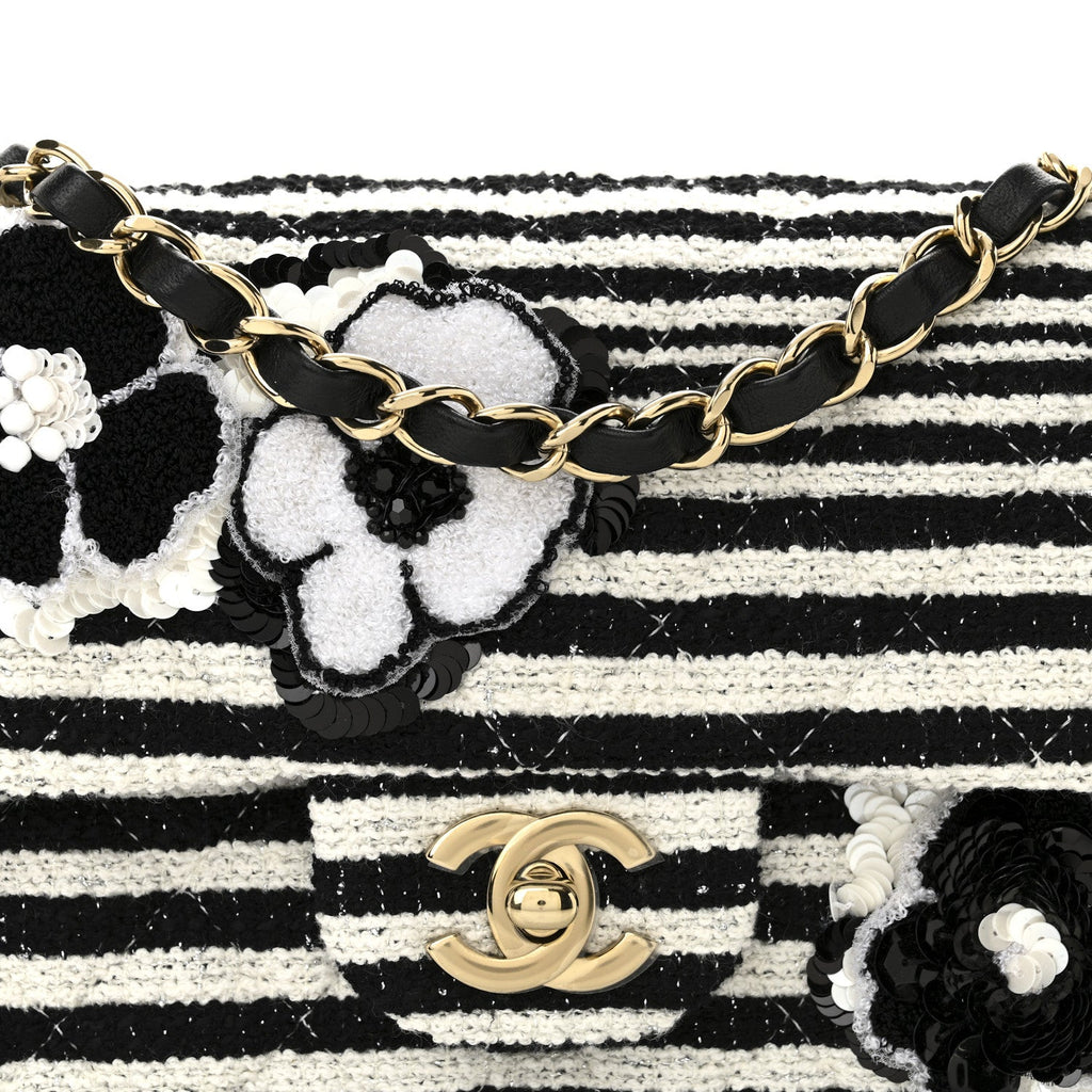 Chanel Striped Tweed Sequin Quilted Camellia Embellished Mini Rectangular Flap Ecru Black