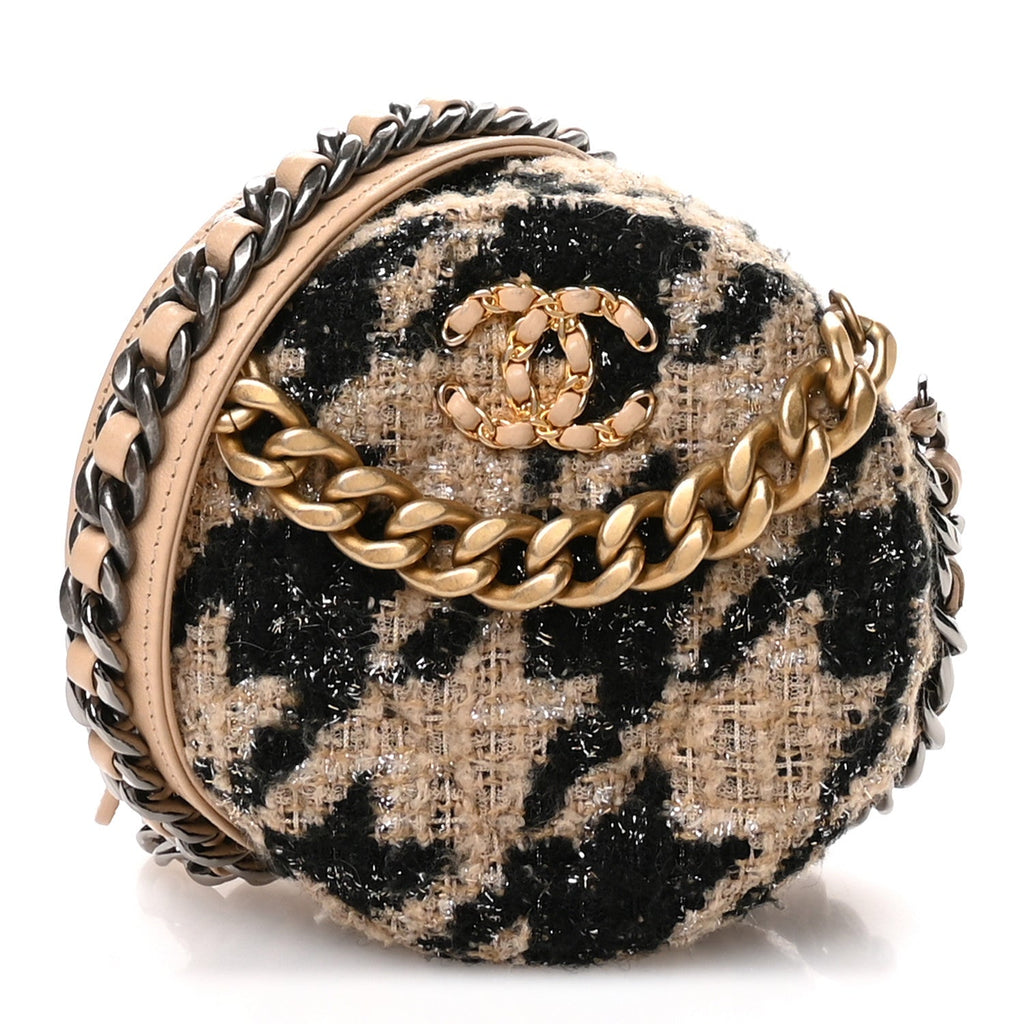Chanel Wool Tweed Lambskin Quilted Chanel 19 Round Clutch With Chain and Coin Purse Beige Black