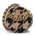 Chanel Wool Tweed Lambskin Quilted Chanel 19 Round Clutch With Chain and Coin Purse Beige Black