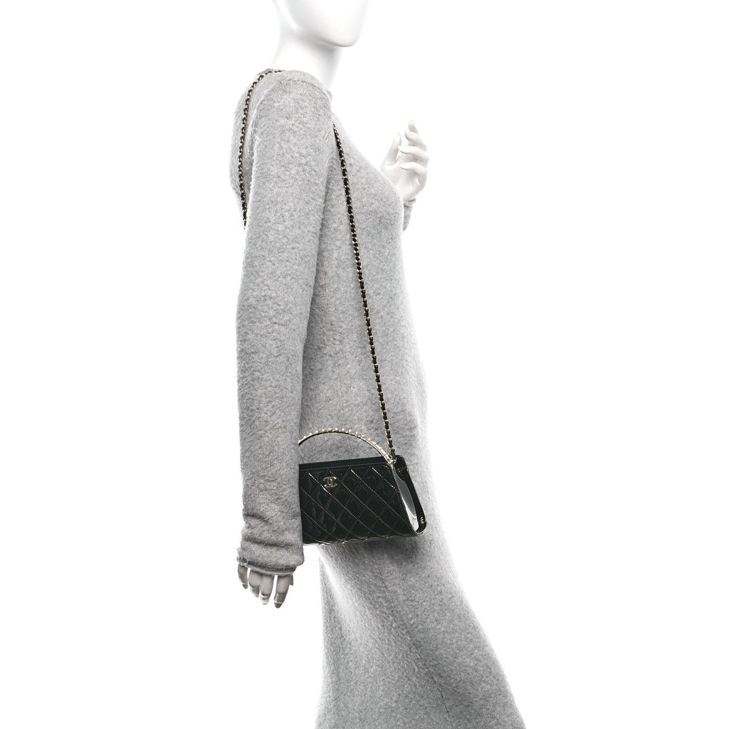 Chanel Patent Calfskin Quilted Pearl Clutch With Chain Black