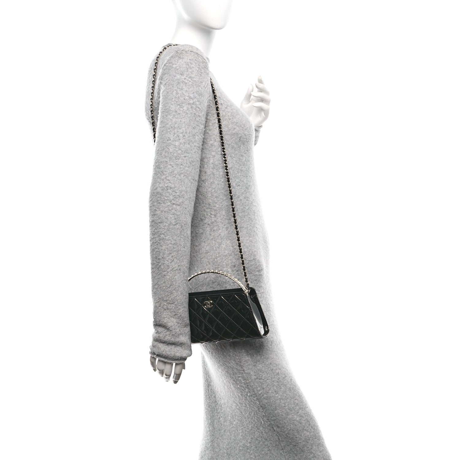 Chanel Patent Calfskin Quilted Pearl Clutch With Chain Black