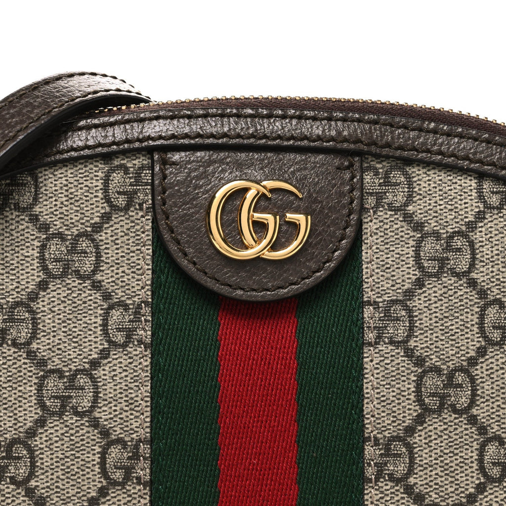 Gucci GG Supreme Monogram Textured Dollar Calfskin Web Small Ophidia Dome Shoulder Bag Beige Ebony New Acero
