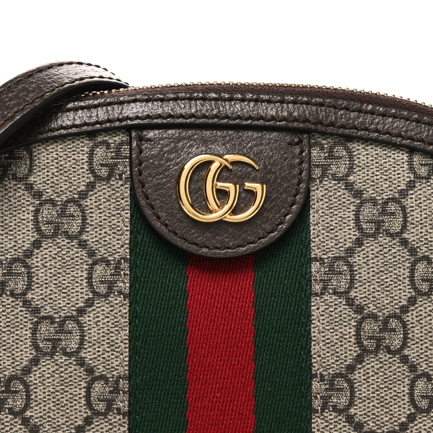 Gucci GG Supreme Monogram Textured Dollar Calfskin Web Small Ophidia Dome Shoulder Bag Beige Ebony New Acero