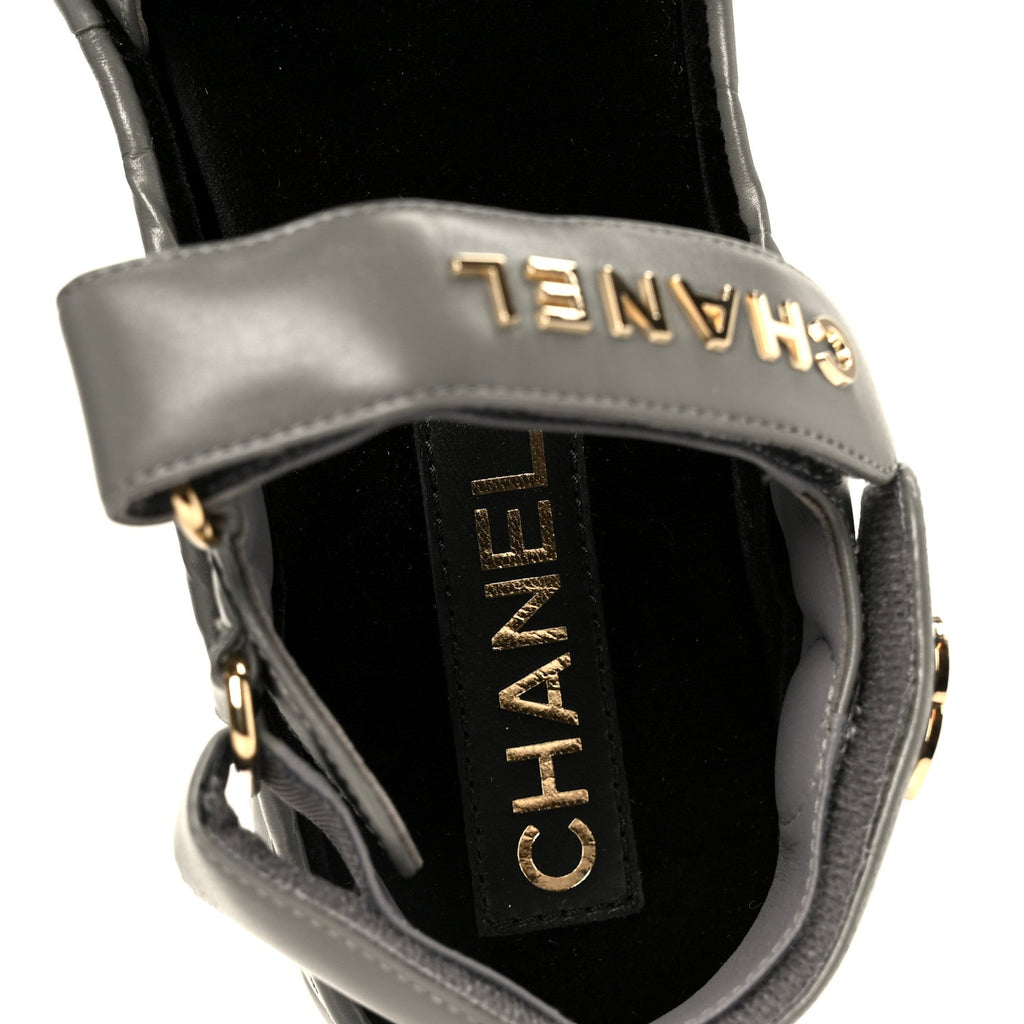 Chanel Shiny Calfskin Logo Platform Sandals 36 Grey
