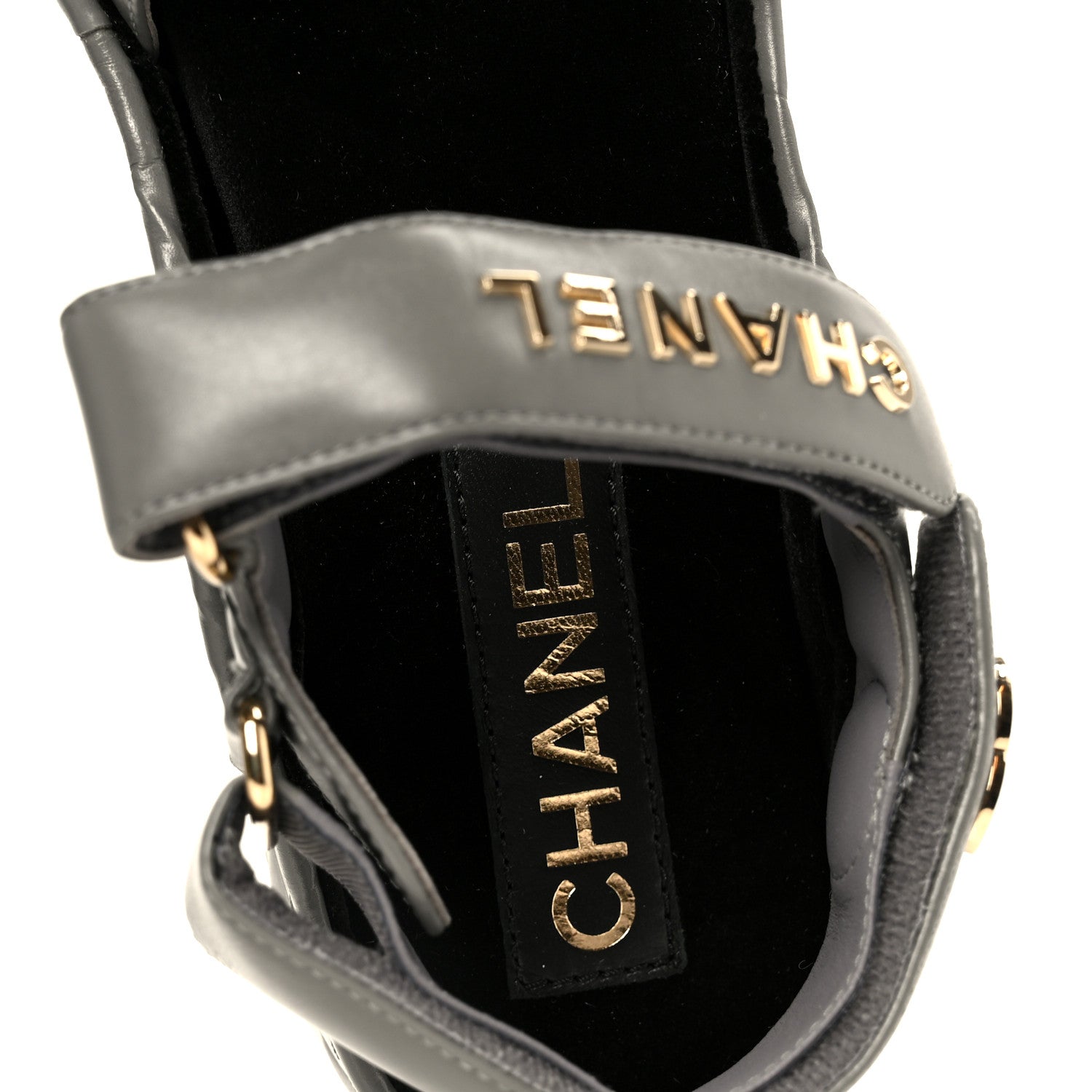 Chanel Shiny Calfskin Logo Platform Sandals 36 Grey