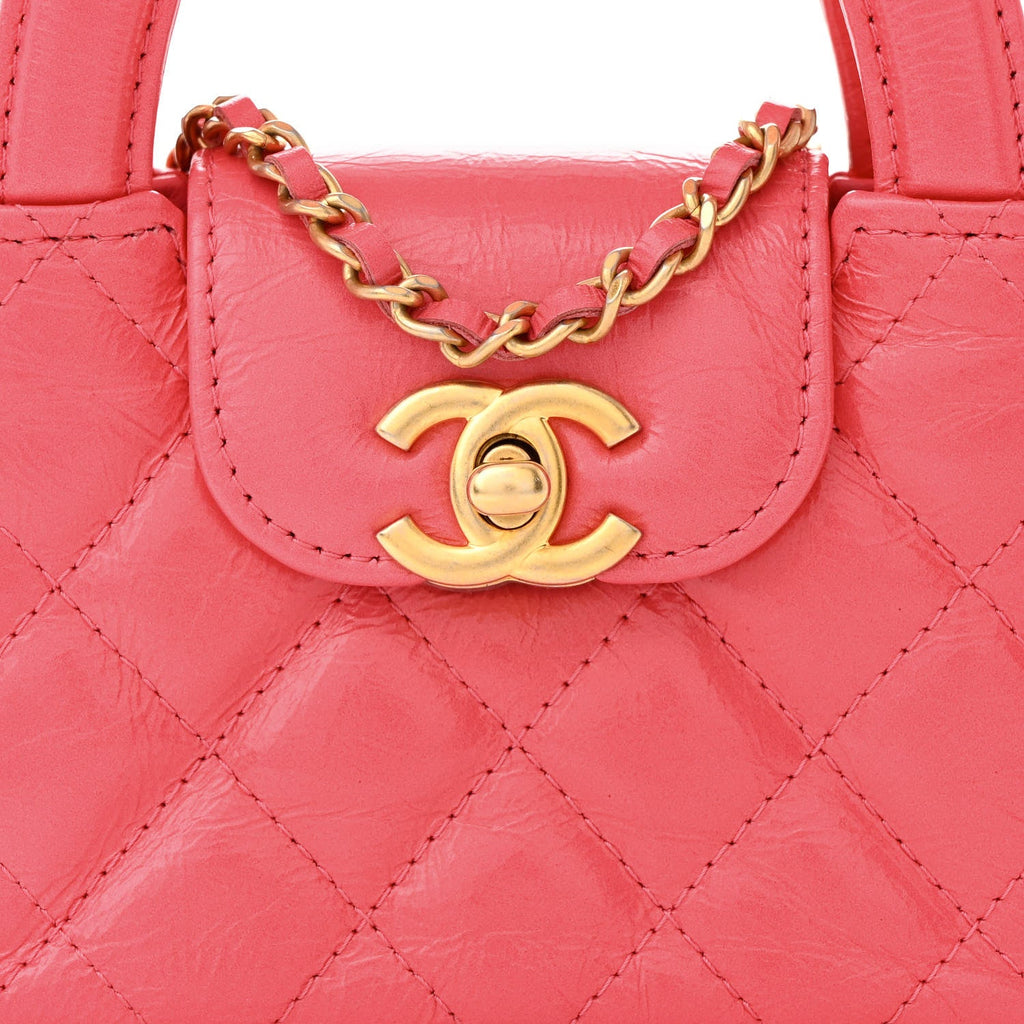 Chanel Shiny Aged Calfskin Quilted Mini Nano Kelly Shopper Dark Pink