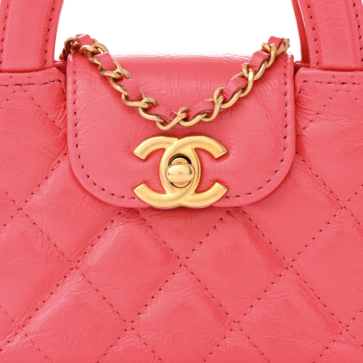 Chanel Shiny Aged Calfskin Quilted Mini Nano Kelly Shopper Dark Pink