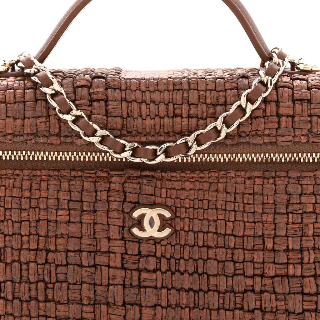 Chanel Braided Raffia Quilted Top Handle Slim Vanity With Chain Brown