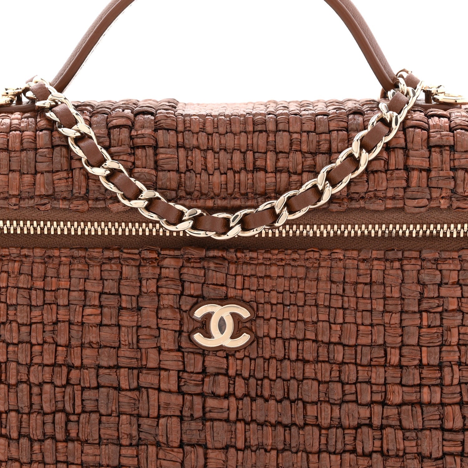 Chanel Braided Raffia Quilted Top Handle Slim Vanity With Chain Brown
