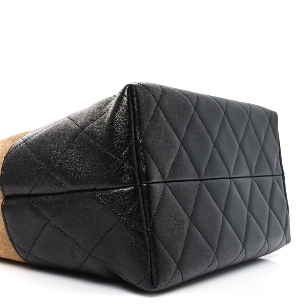 Chanel Suede Shiny Lambskin Quilted Large Shopping Bag Beige Black