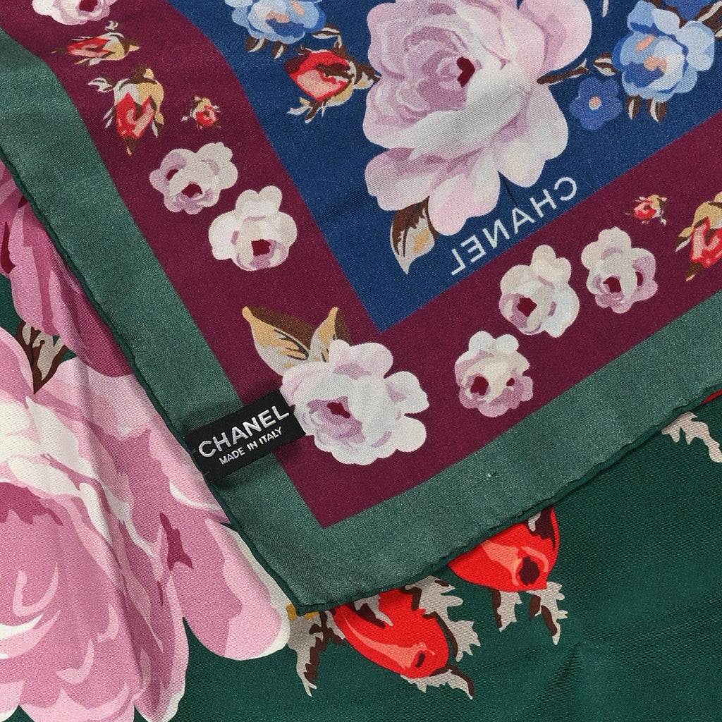 Chanel Silk CC Floral Square Scarf Green Multicolor