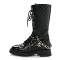 Chanel Shiny Calfskin Patent Quilted Chain Lace Up Combat Long Boots 38.5 Black