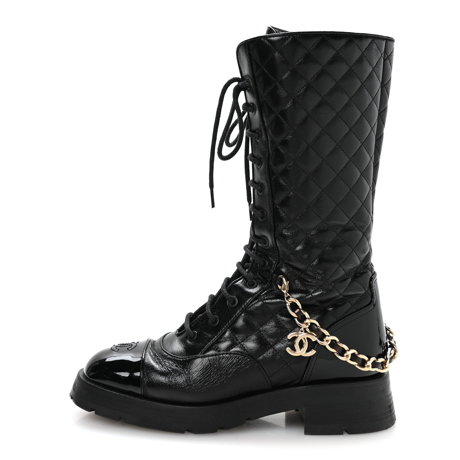 Chanel Shiny Calfskin Patent Quilted Chain Lace Up Combat Long Boots 38.5 Black
