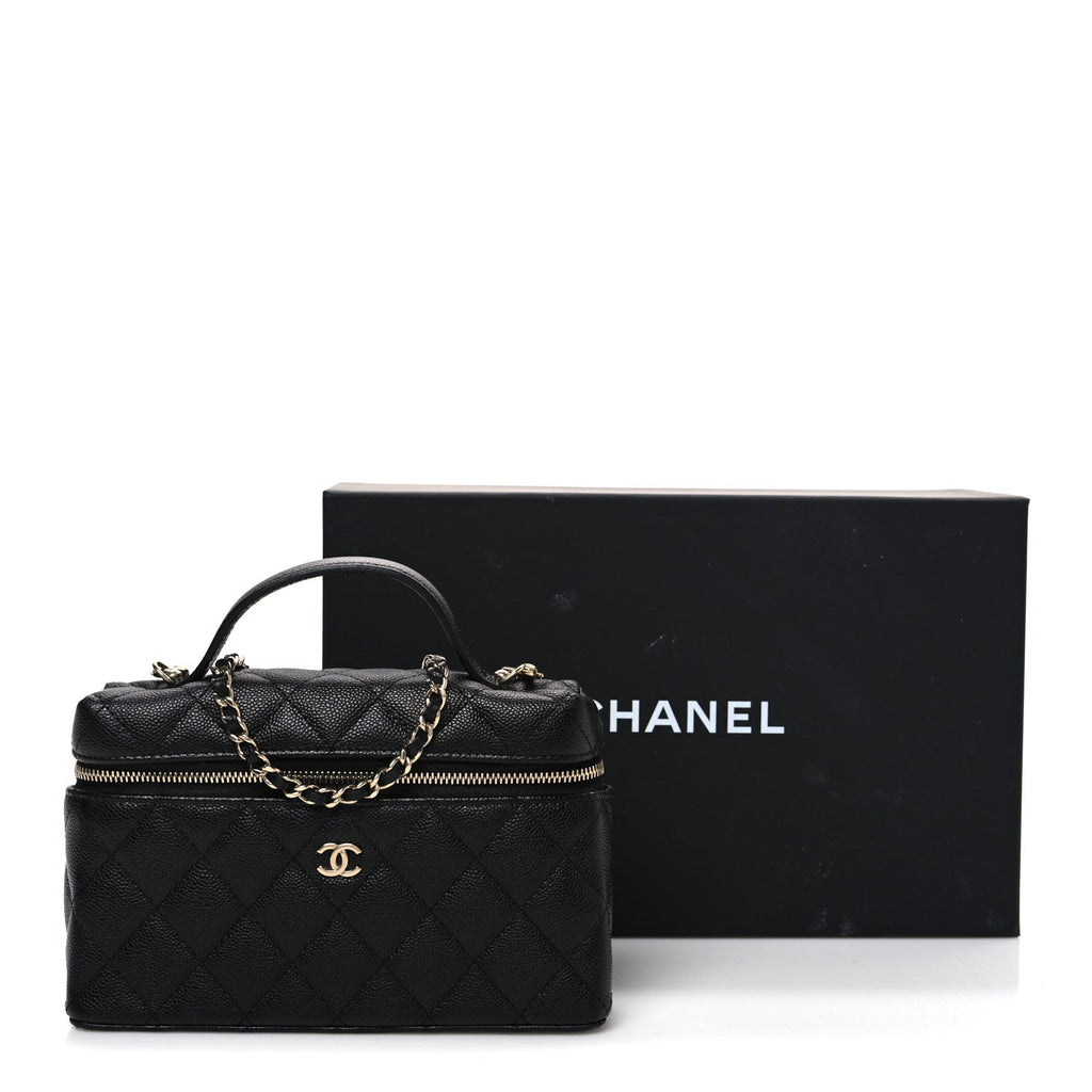 Chanel Caviar Quilted Top Handle Slim Vanity With Chain Black