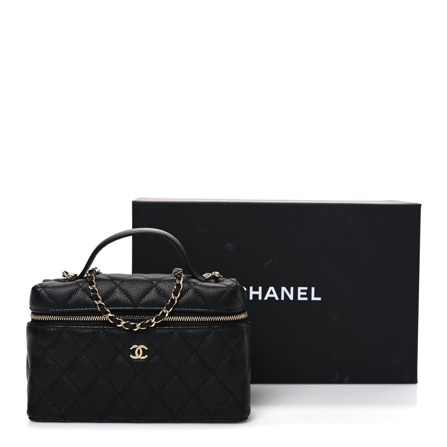 Chanel Caviar Quilted Top Handle Slim Vanity With Chain Black