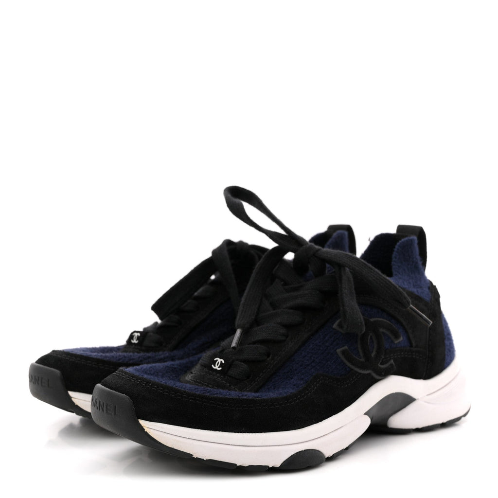 Knit Fabric Suede Calfskin Womens CC Sneakers 36 Navy Black