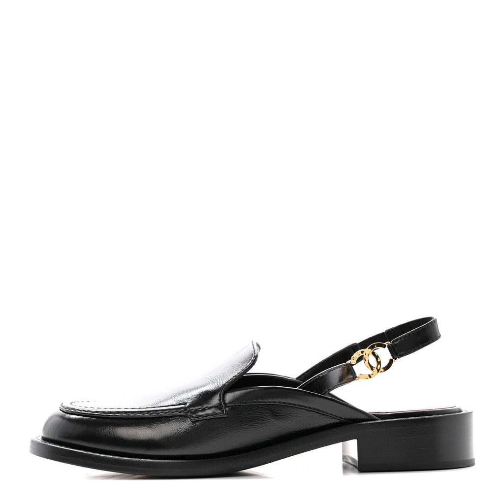 Glazed Calfskin CC Slingback Flats 38.5 Black