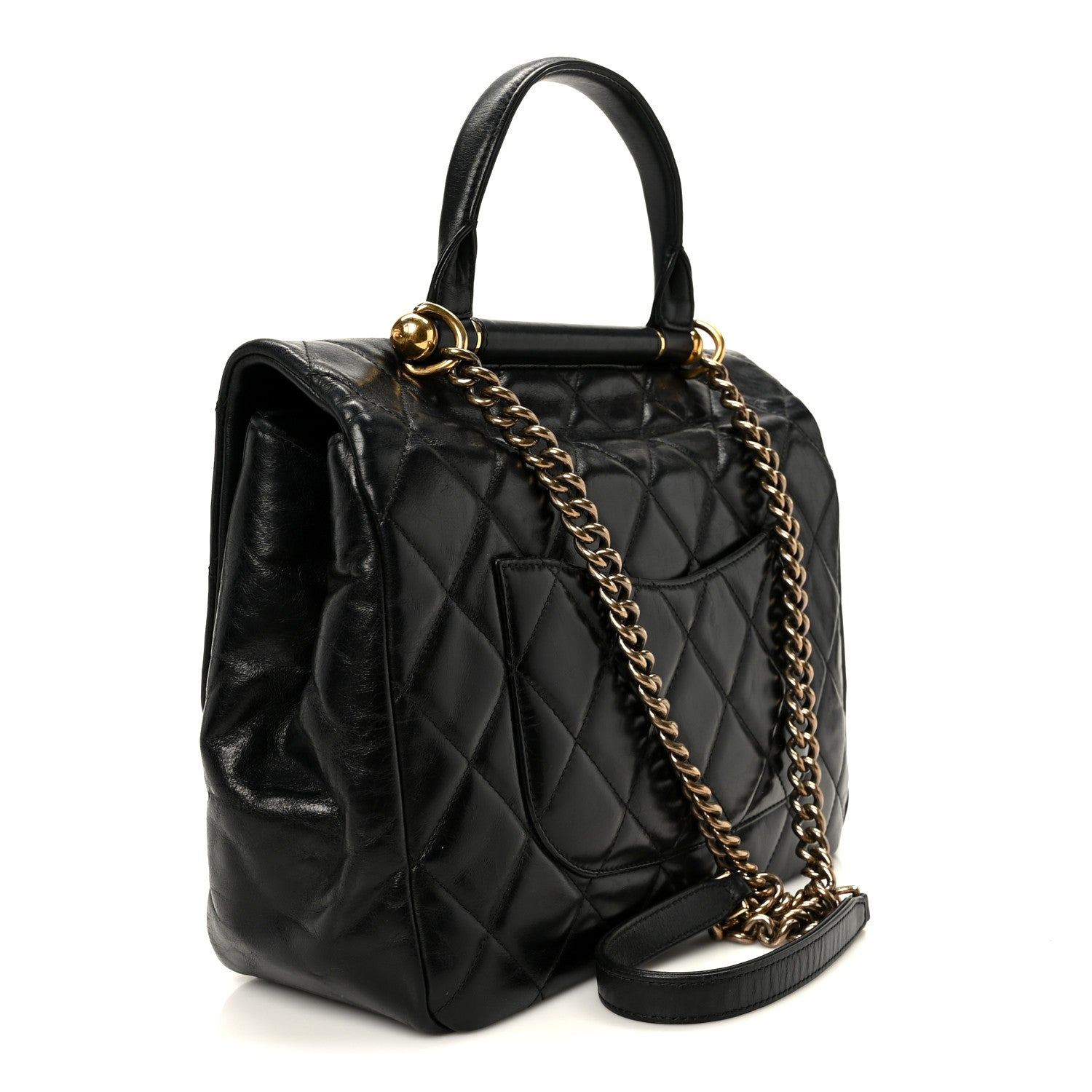 Chanel Glazed Calfskin Quilted Large Gold Bar Top Handle Flap Black