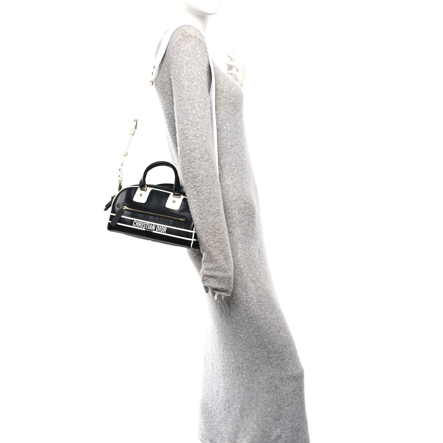Christian Dior Calfskin Small Dior Vibe Zip Bowling Bag Black White