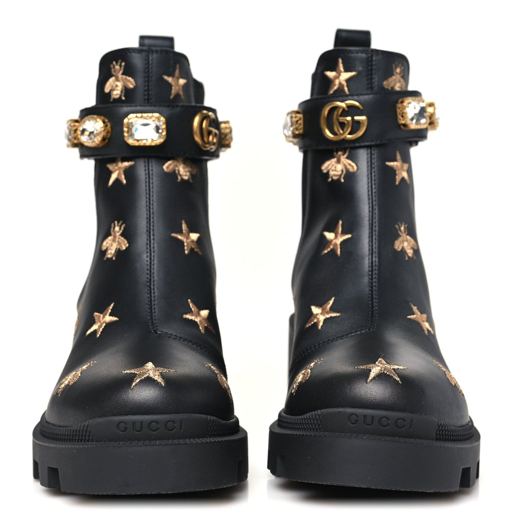 Gucci Calfskin Bee Star Embroidered Belt Ankle Boots 36.5 Black