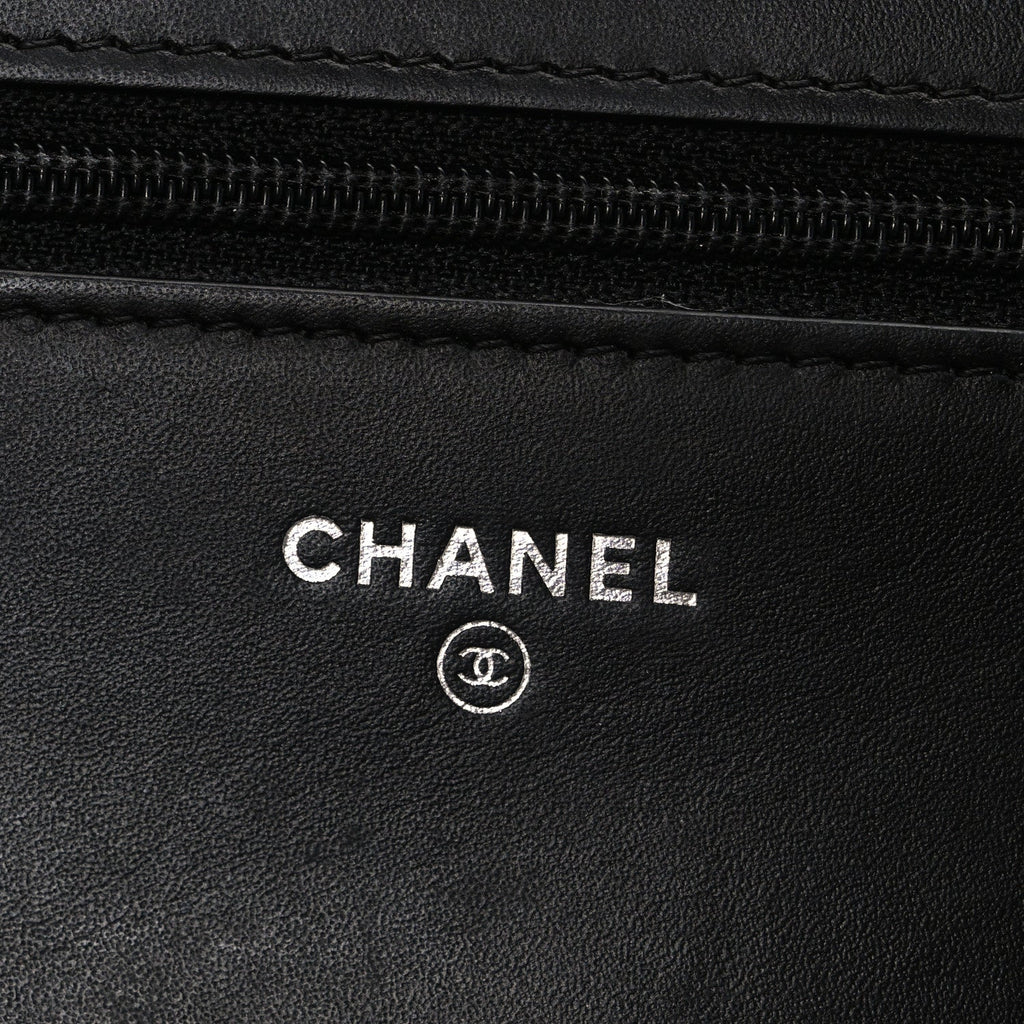 Chanel Lambskin Camellia Studded Wallet on Chain WOC Black