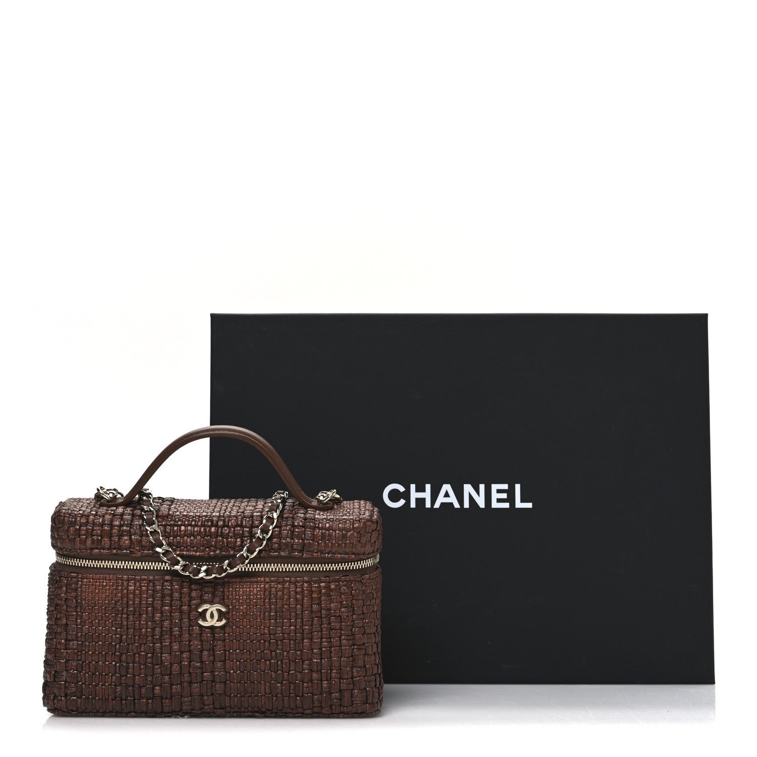 Chanel Braided Raffia Quilted Top Handle Slim Vanity With Chain Brown