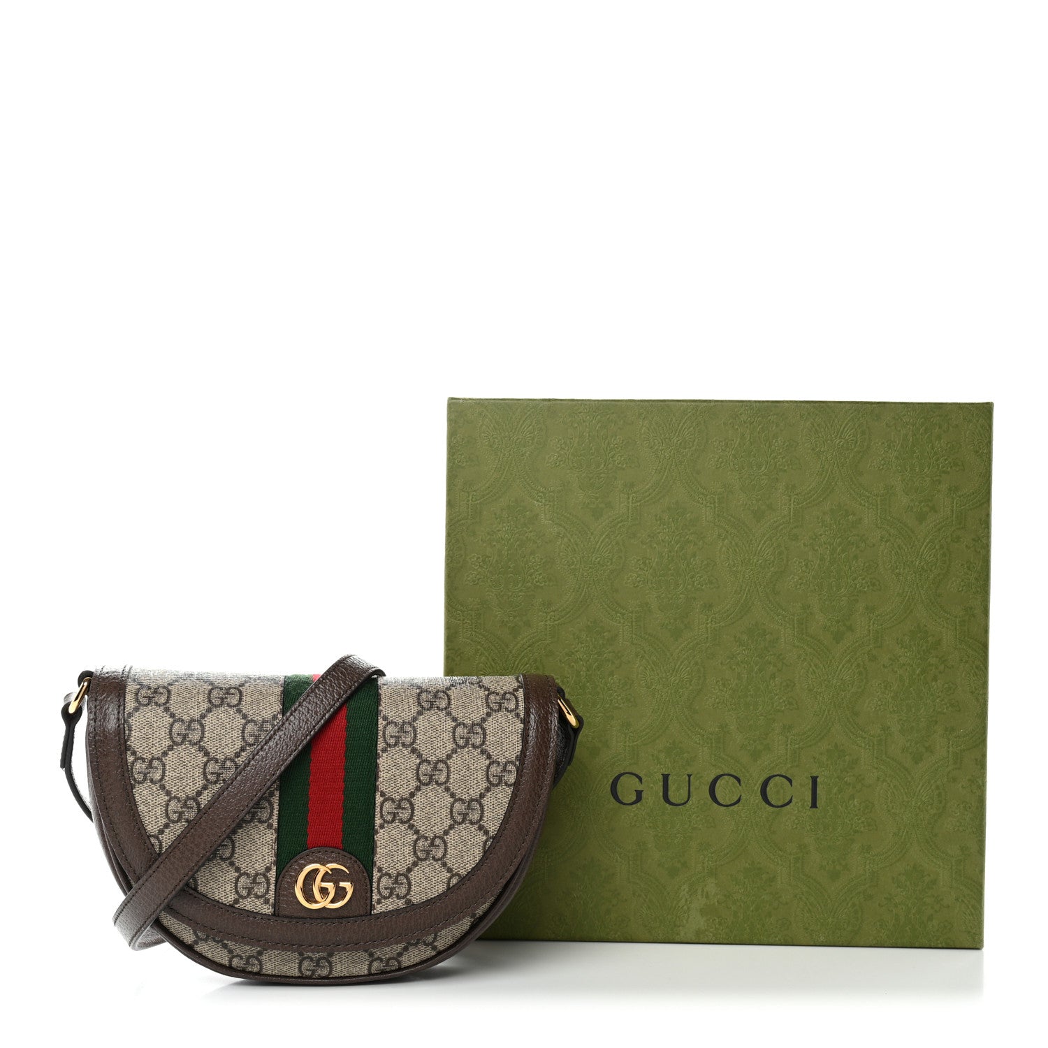 Gucci GG Supreme Monogram Textured Dollar Calfskin Web Mini Ophidia Flap Shoulder Bag Beige Ebony New Acero