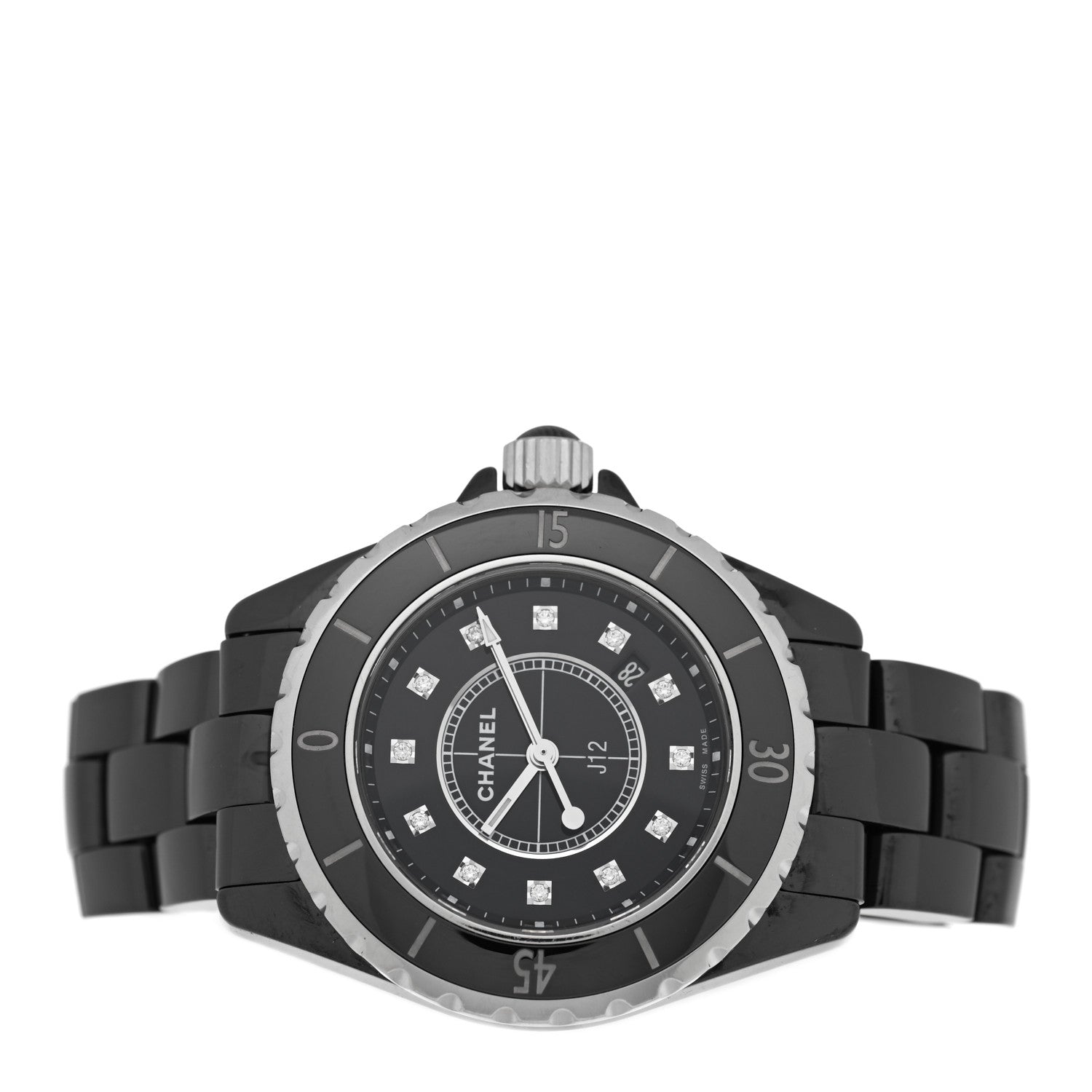 Chanel Stainless Steel Ceramic Diamond 33mm J12 Quartz Watch Black