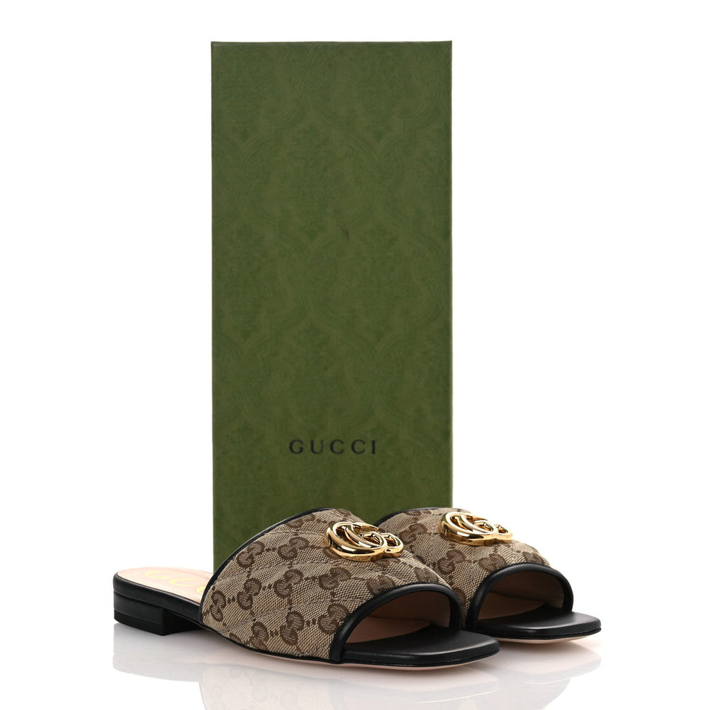 Gucci Monogram Matelasse Diagonal GG Marmont Flat Slide Sandals 35 Beige Ebony Black